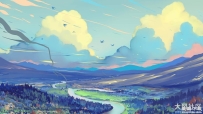 Hangmoon,绘画,云,天空,景观,河流,树木,山,鸟,digitalart,绘画,艺术品 5120x2880像素